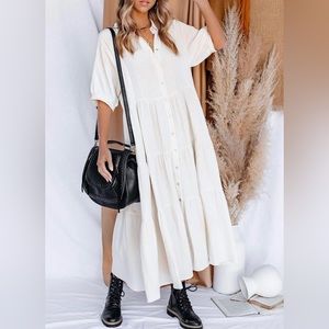 R.Vivimos Women's White Midi/Maxi Dress - Cotton Button Down Dress